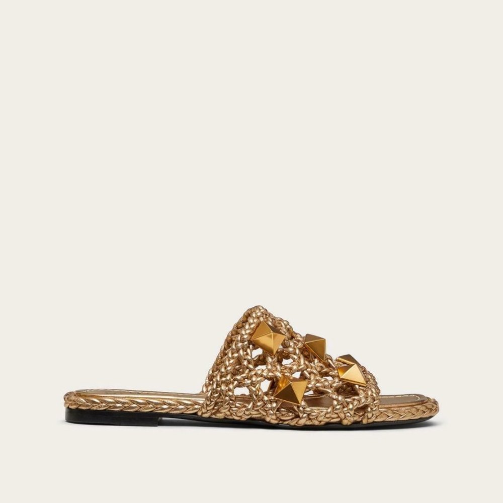 Valentino Roman Stud Rockstud Woven Metallic Leather Flat Slide Sandals